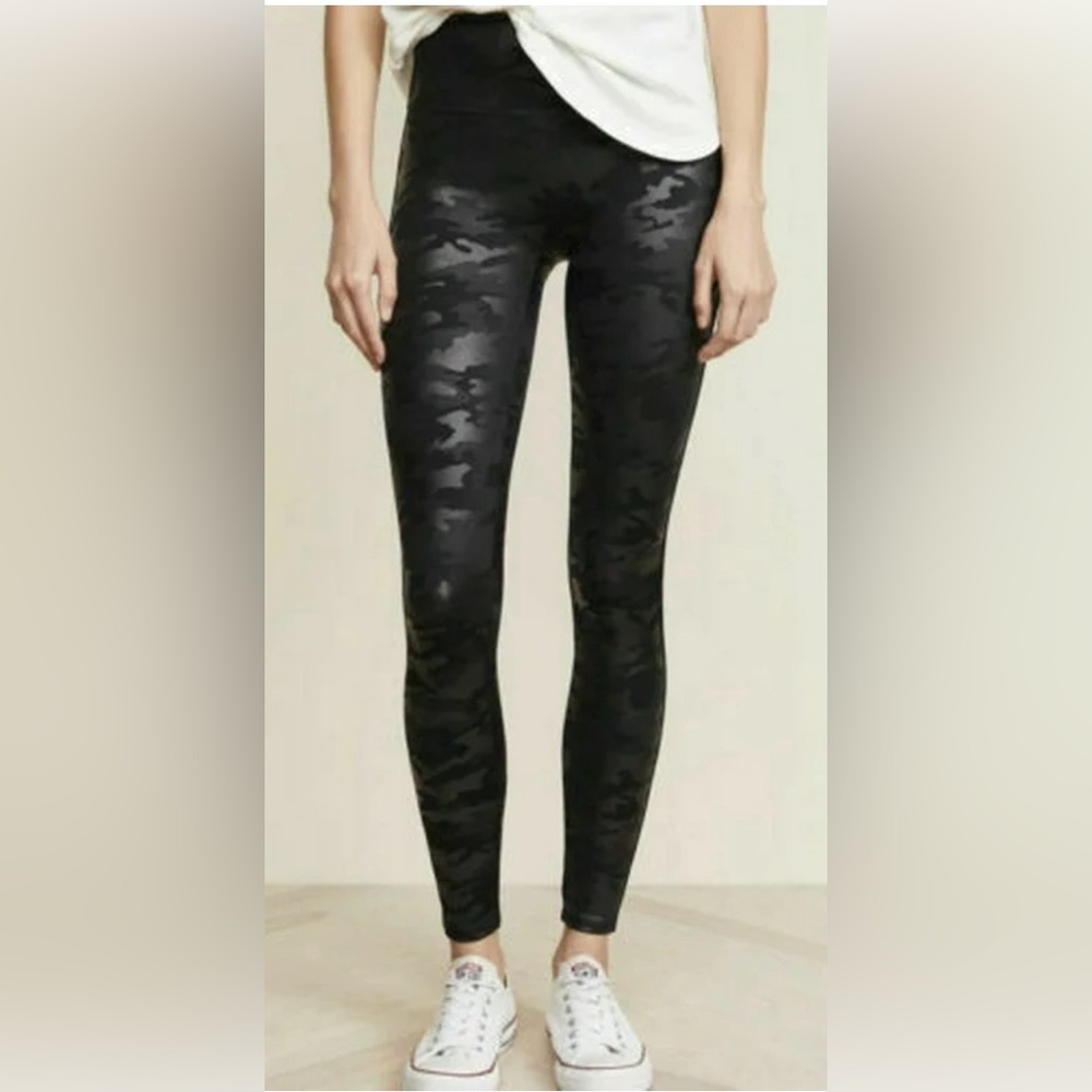 Spanx Women's Faux Leather Camo Print High Waisted Leggings Black NWOT